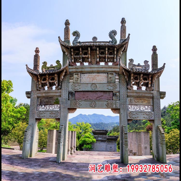 道路石牌坊，三门牌坊石雕塑 (2)
