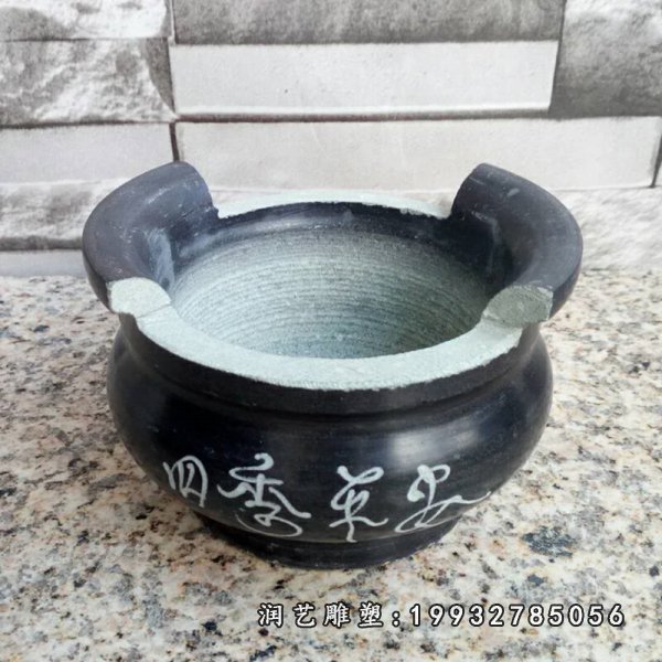 四季平安浮雕香炉 祭祀圆形香炉石雕 (7)